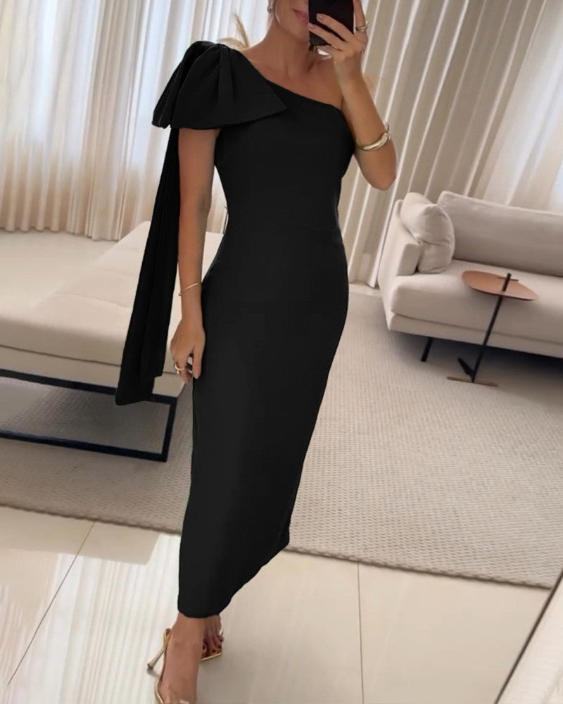 Skew Neck Sleeveless Bowknot Design Maxi Bodycon Evening Dress