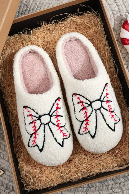 White Bow Knot Rugby Pattern Plush Warm Slippers