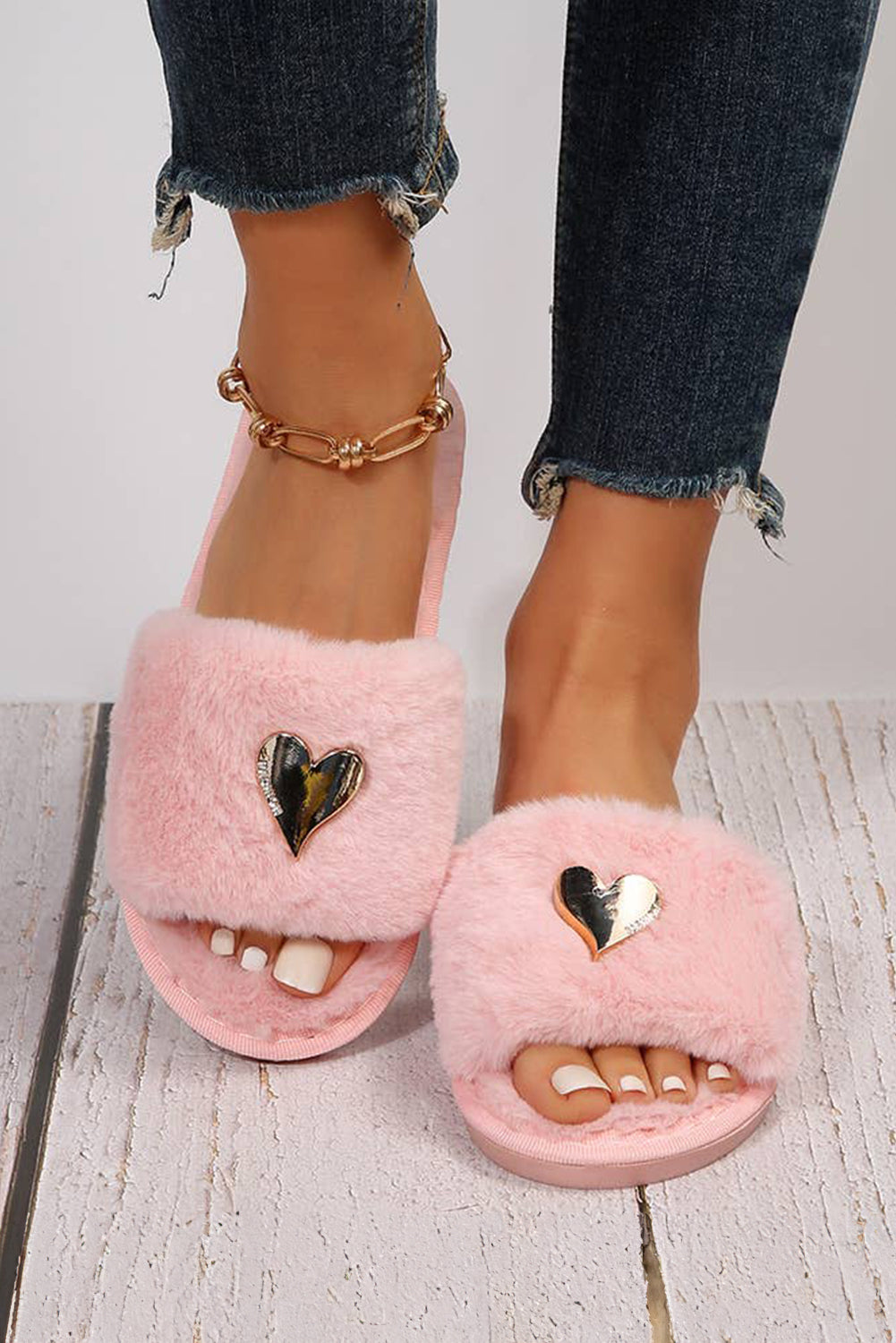 Pink Heart Shape Buckle Decor Open Toe Plush Slippers