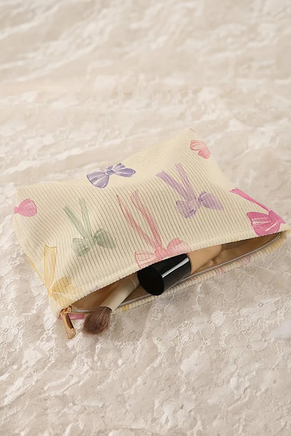 Beige Bow Knot Print Zipper Corduroy Large Cosmetic Bag