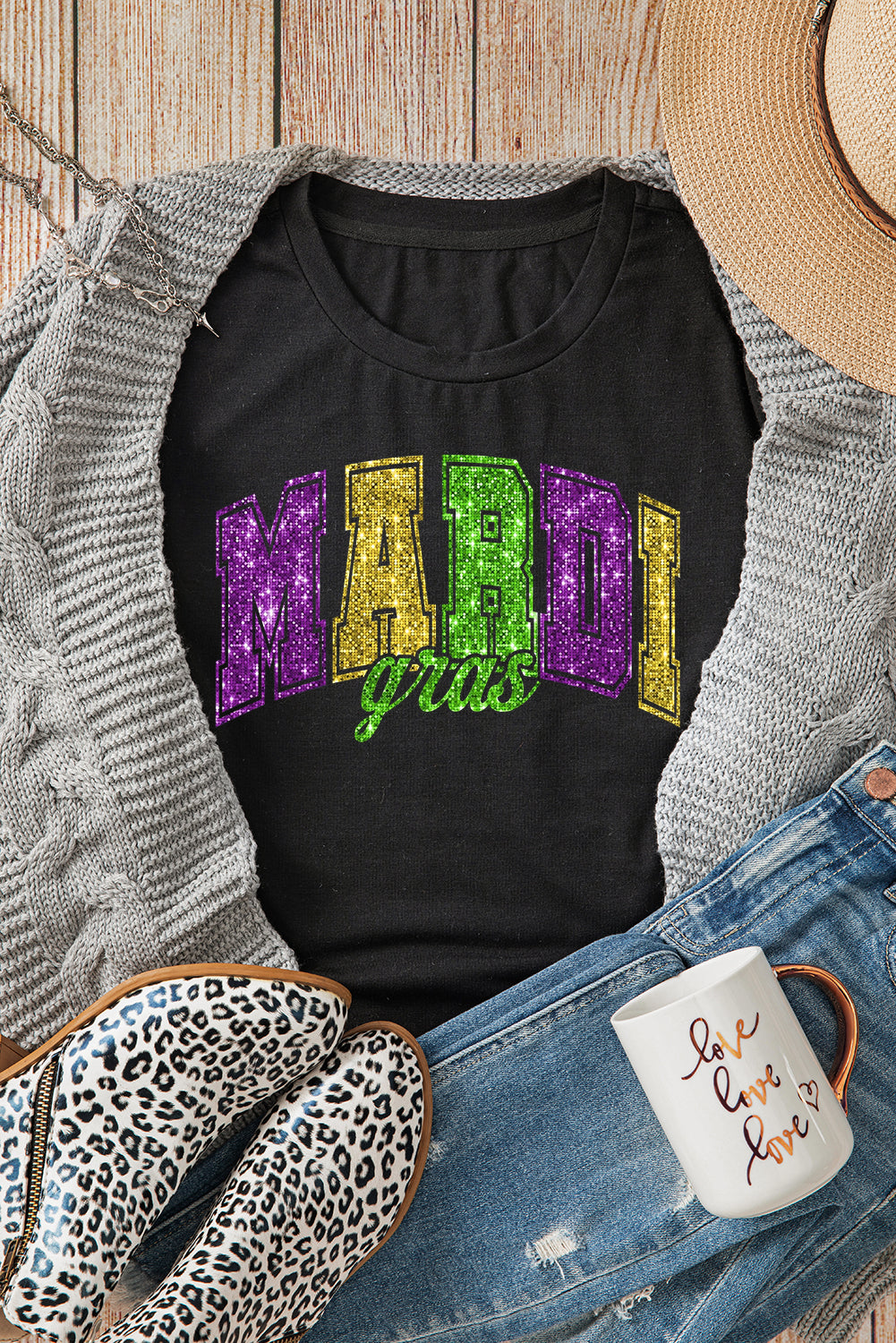 Black Mardi Gras Heat Transfer Graphic Holiday Tee