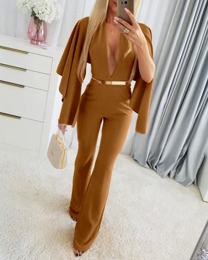 Plunge Irregular Sleeve Sexy Jumpsuit Zipper Long Romper with Belt