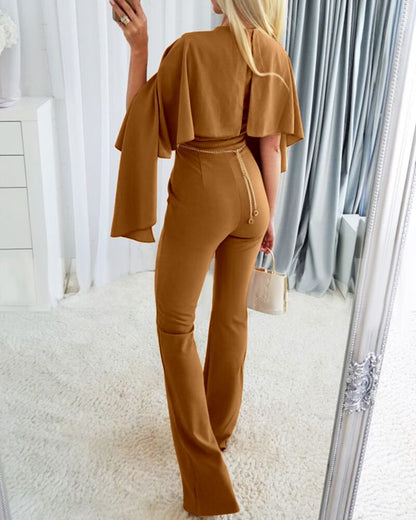 Plunge Irregular Sleeve Sexy Jumpsuit Zipper Long Romper with Belt