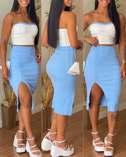 2 Pieces Colorblock Bandeau Strapless Top and Side Slit Slim Fit Skirt Set