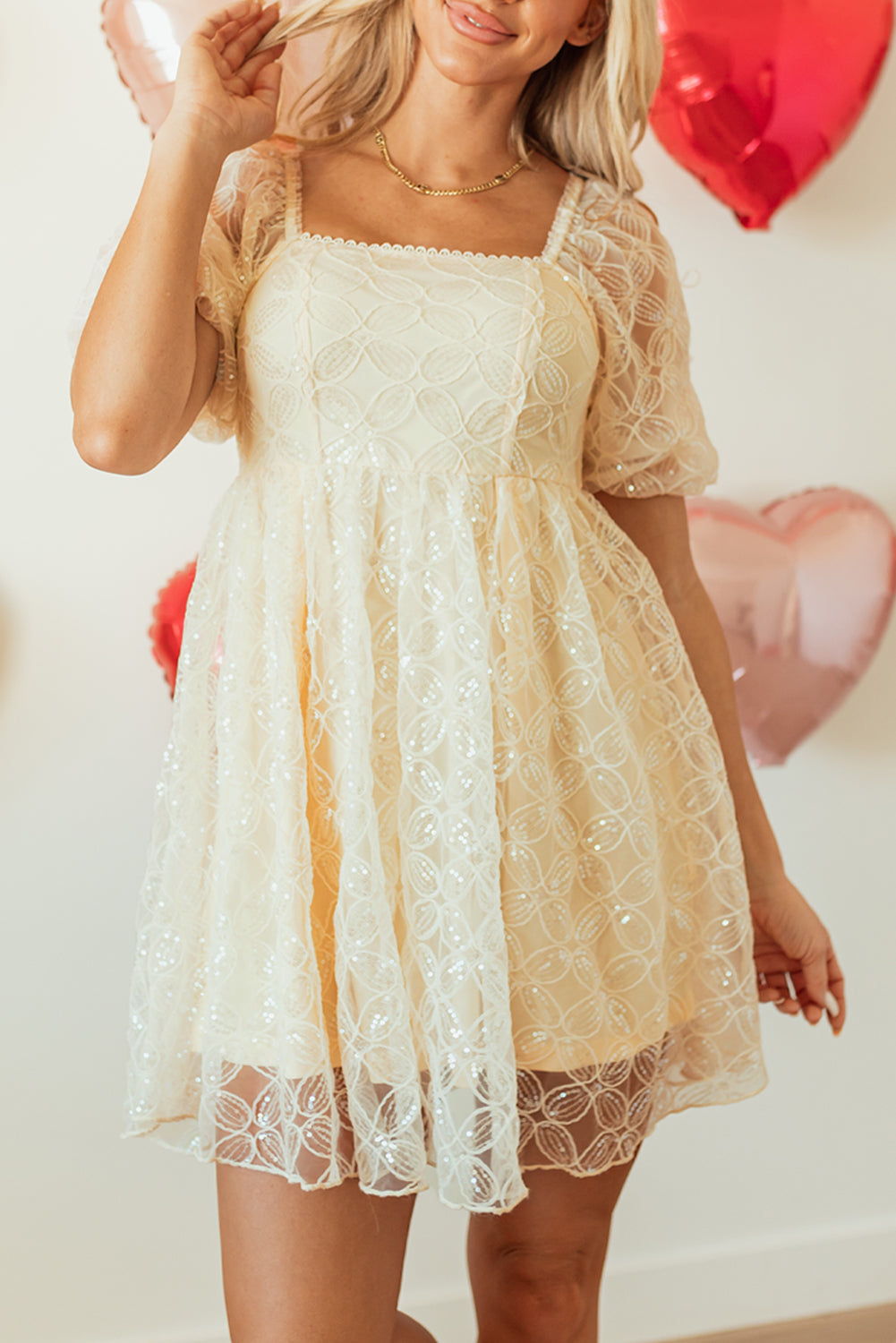 Apricot Sequined Lace Mesh Bubble Sleeve Square Neck Dress