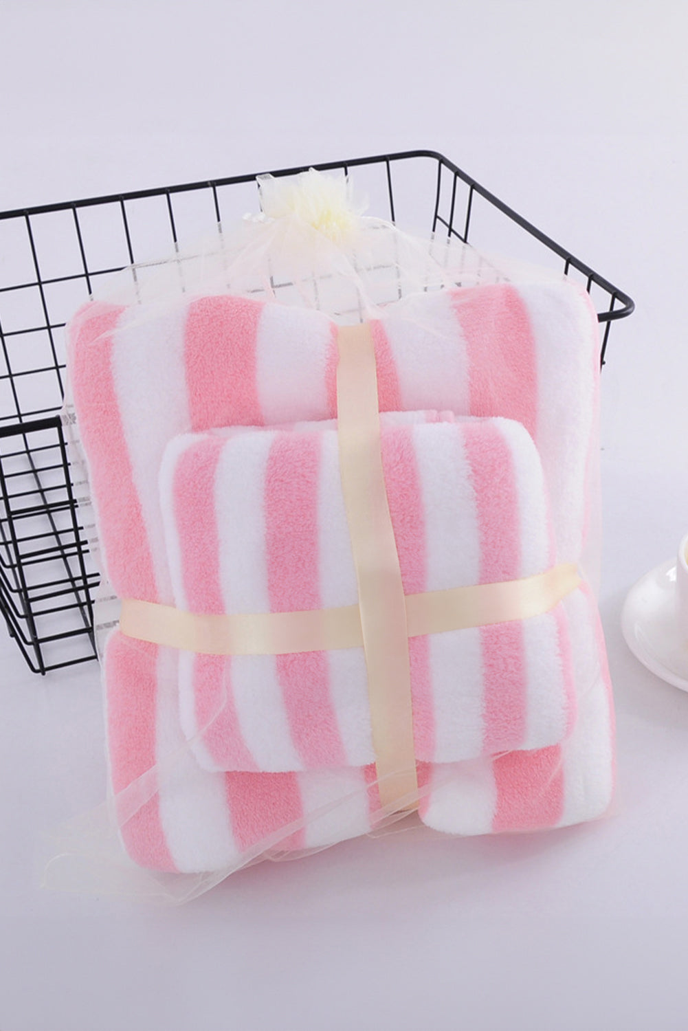 Pink Striped Plush Bath Towel Set