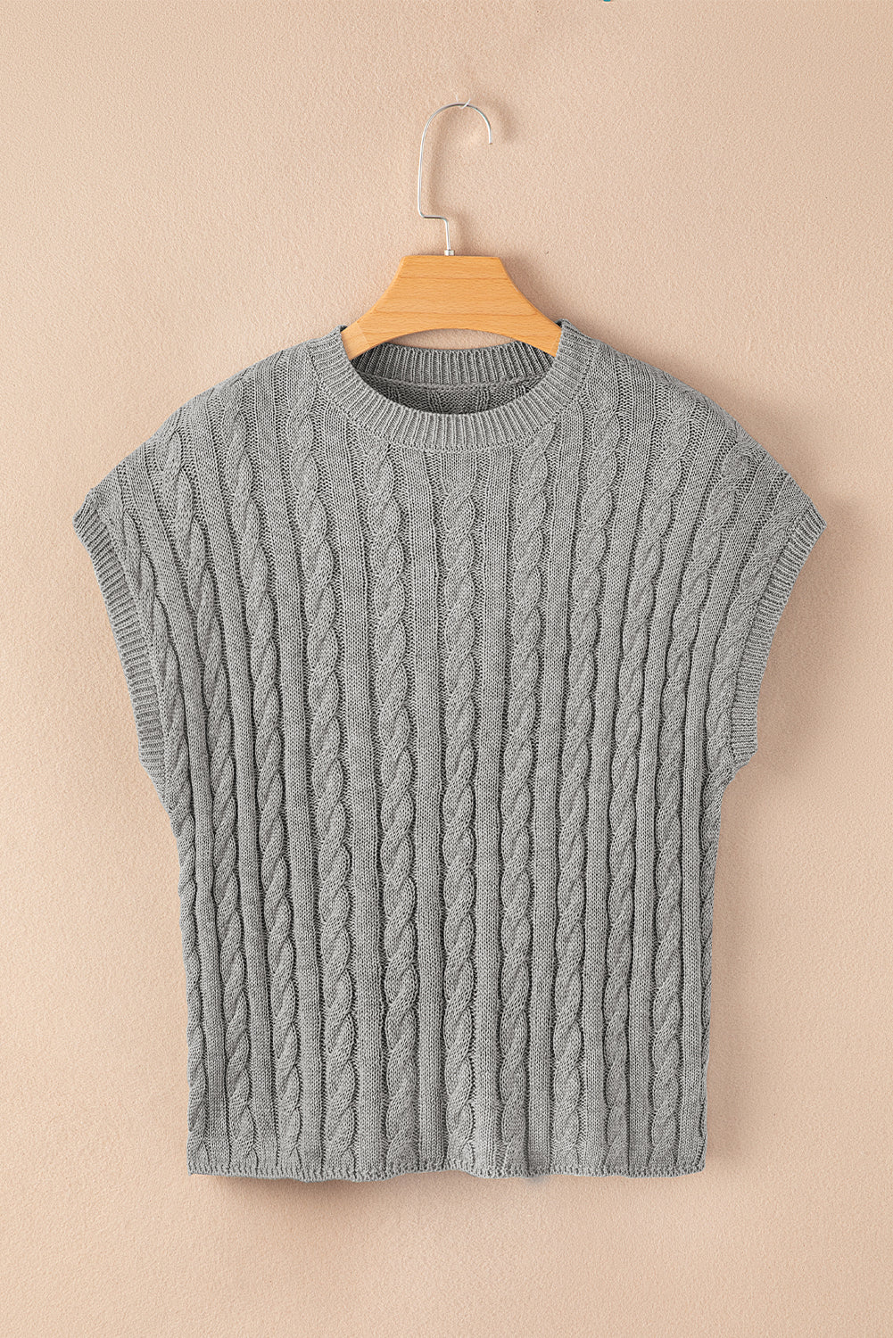 Gray Crew Neck Cable Knit Short Sleeve Sweater