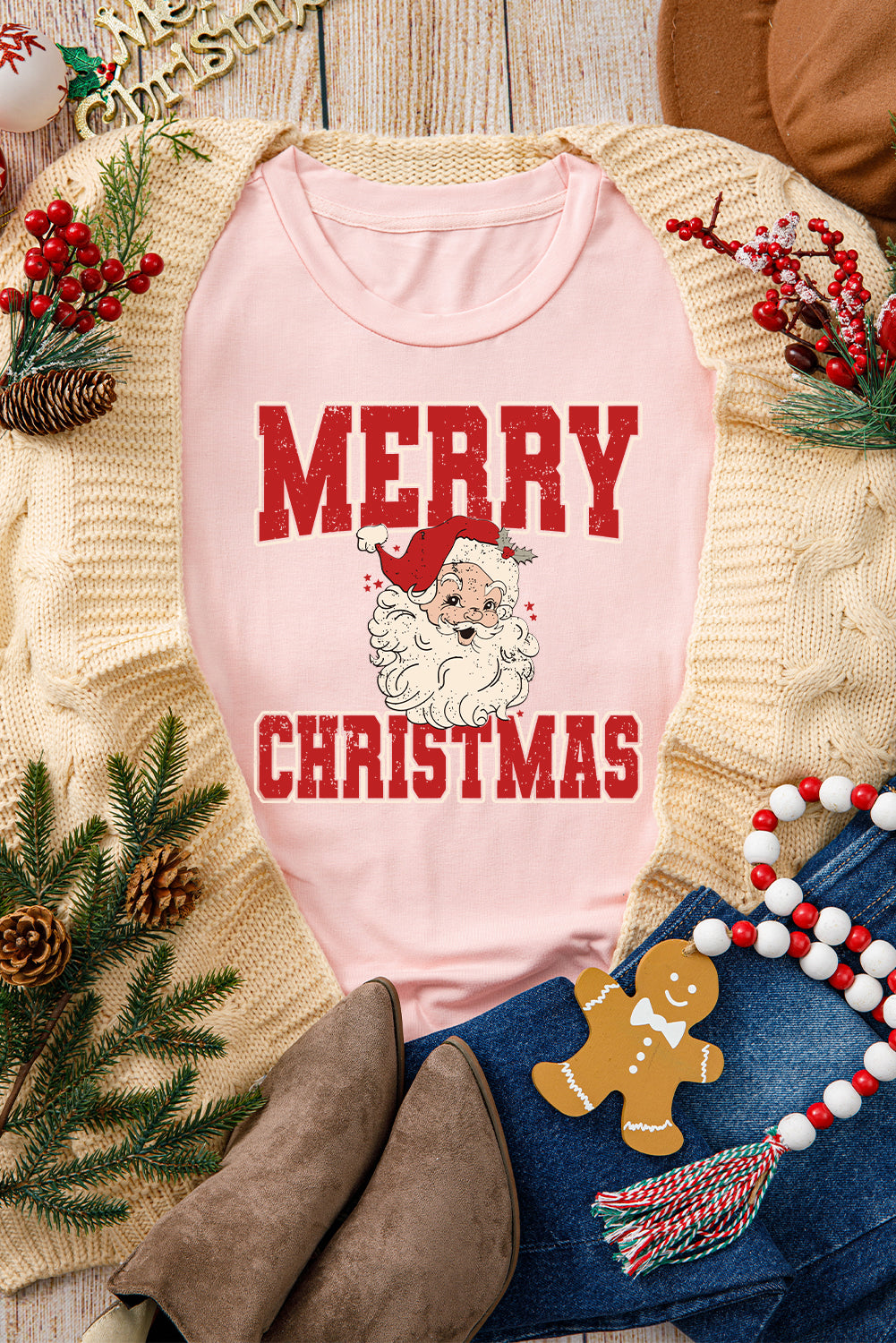 Pink MERRY CHRISTMAS Santa Claus Printed T Shirt