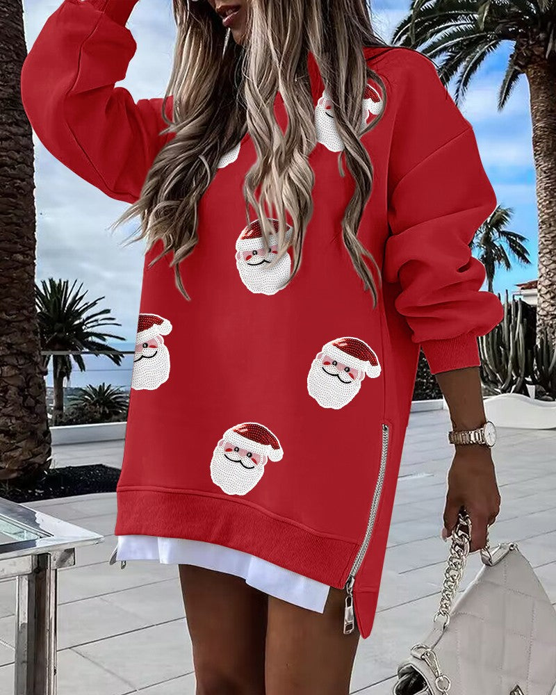 Christmas Sequin Letter Pattern Casual Dress Side Zipper Design Pullover Sweatshirt