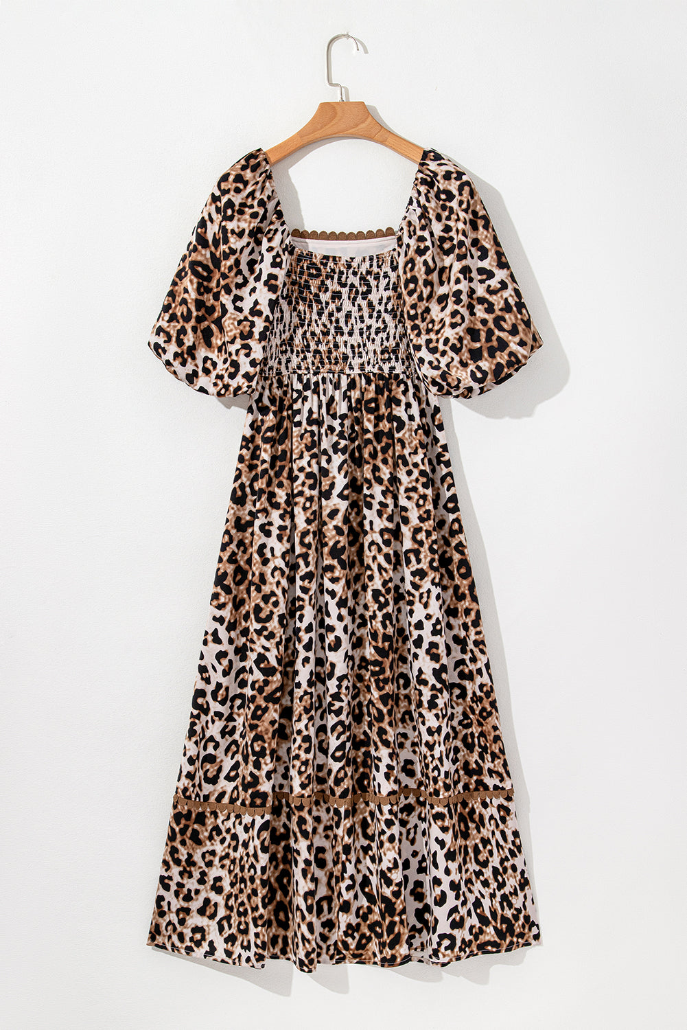 Brown Leopard Print Bubble Sleeve Square Neck Maxi Dress