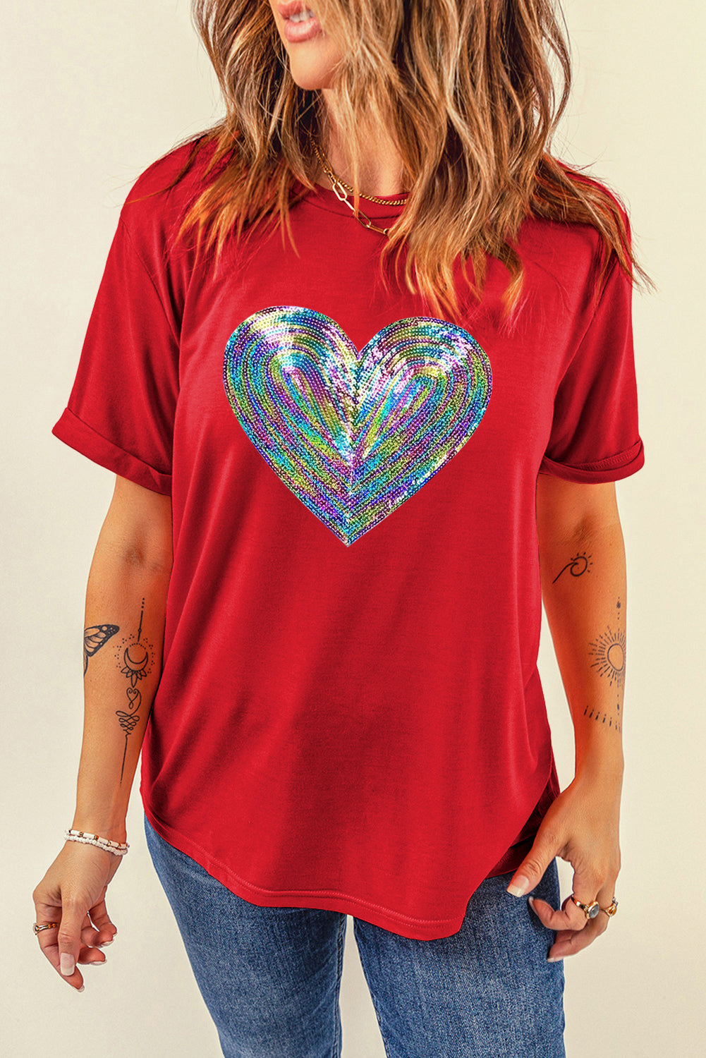 Red Rainbow Sequin Heart Shape Crew Neck T Shirt