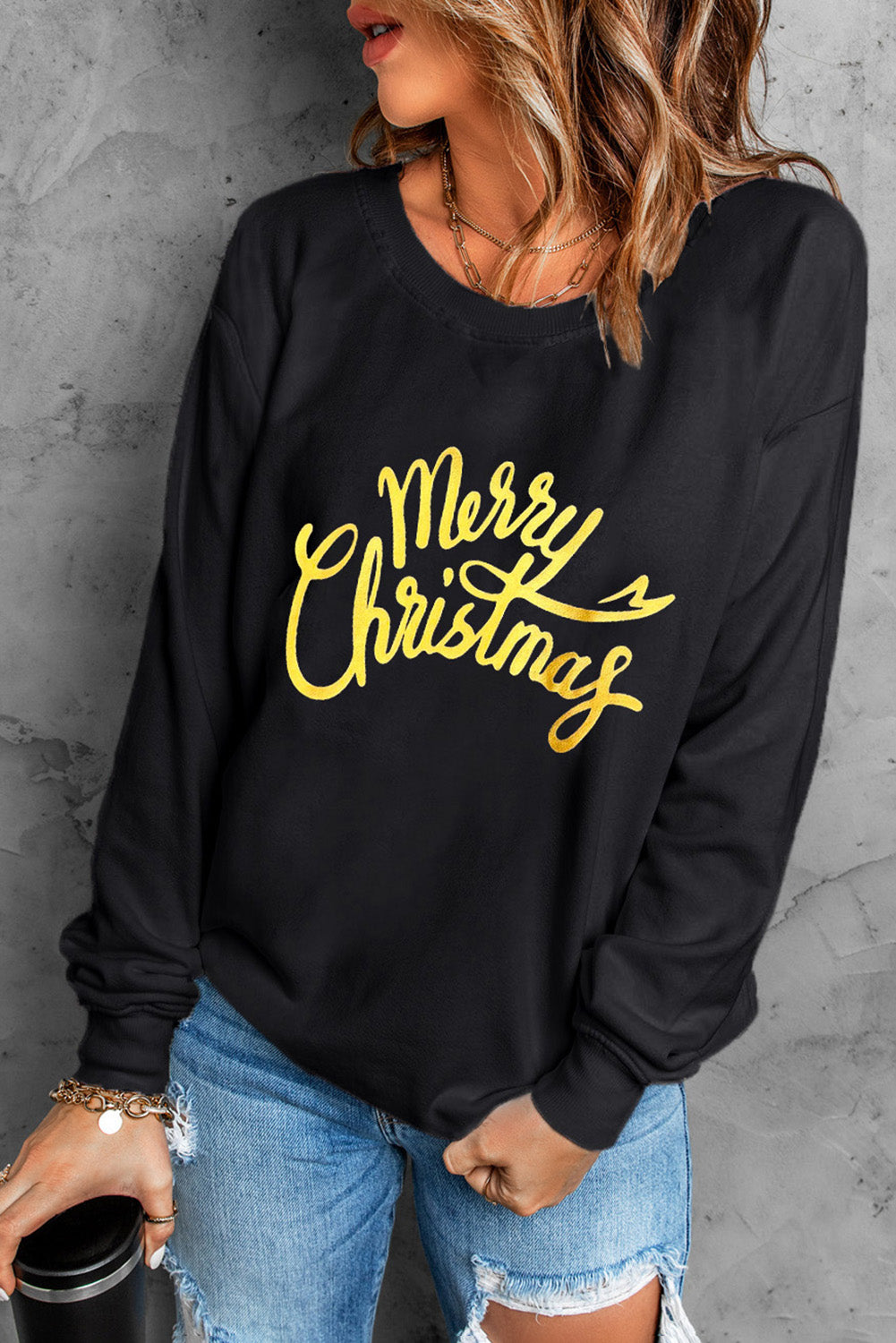 Black Merry Christmas Letter Graphic Drop Shoulder Sweatshirt