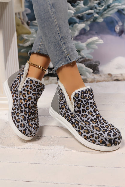 Dark Grey Leopard Print Ankle Patched Flat Winter Fur Boots