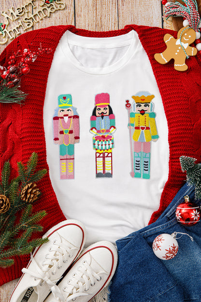 White Chenille Nutcracker Doll Graphic Christmas Fashion Tee