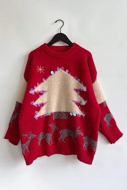 Racing Red Sequin Fuzzy Christmas Tree Tinsel Elk Drop Shoulder Sweater