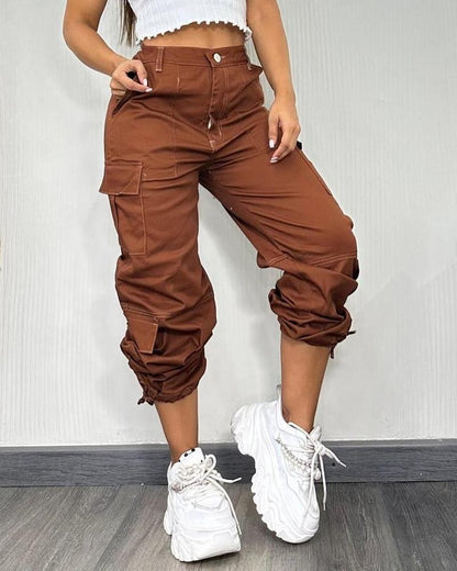 Pocket Design Button Front Cargo Pants Casual High Waisted Cuffed Pants