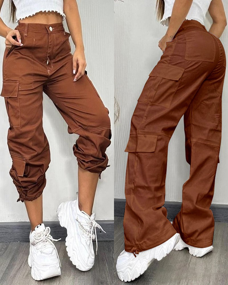 Pocket Design Button Front Cargo Pants Casual High Waisted Cuffed Pants