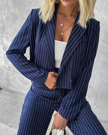 Striped Blazer Coat & Straight Leg Pants Set