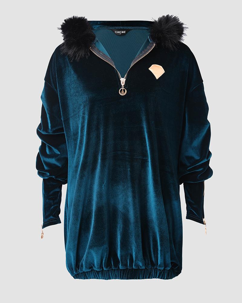 Velvet Fuzzy Trim Hooded Ruched Long Sleeve Zip Up Mini Dress