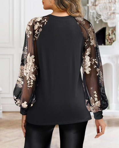 Floral Pattern Contrast Sequin Sheer Mesh Ruched Lantern Sleeve Blouse Elegant Top