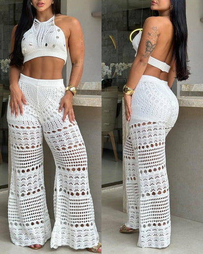 2 Pieces Halter Sleeveless Crop Top and Casual Hollow out Loose Fit Pants Set