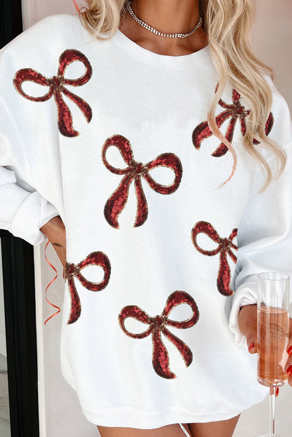 White Shiny Bowknot Pattern Valentine Loose Tunic Sweatshirt