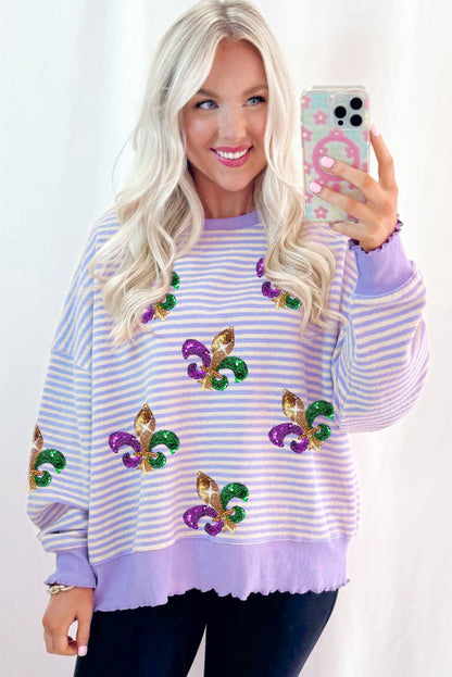 Purple Stripe Sequin Fleur de Lis Patched Pattern Long Sleeve Top