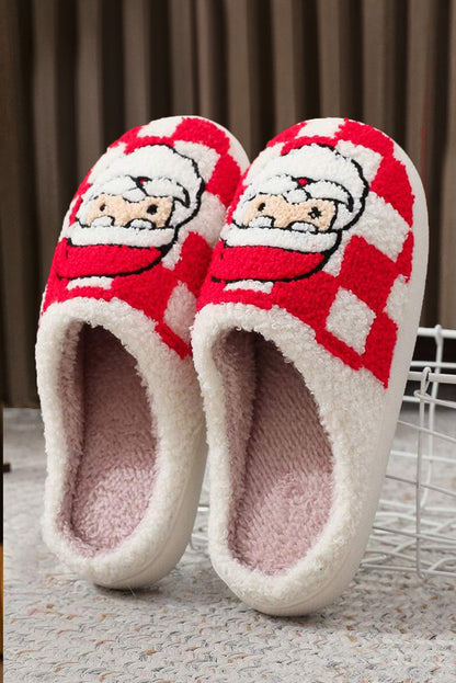 Fiery Red Checkered Santa Claus Graphic Plush Home Slippers