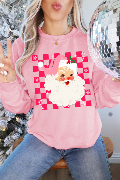 Pink Fancy Checkered Father Christmas Graphic Sweatshirt