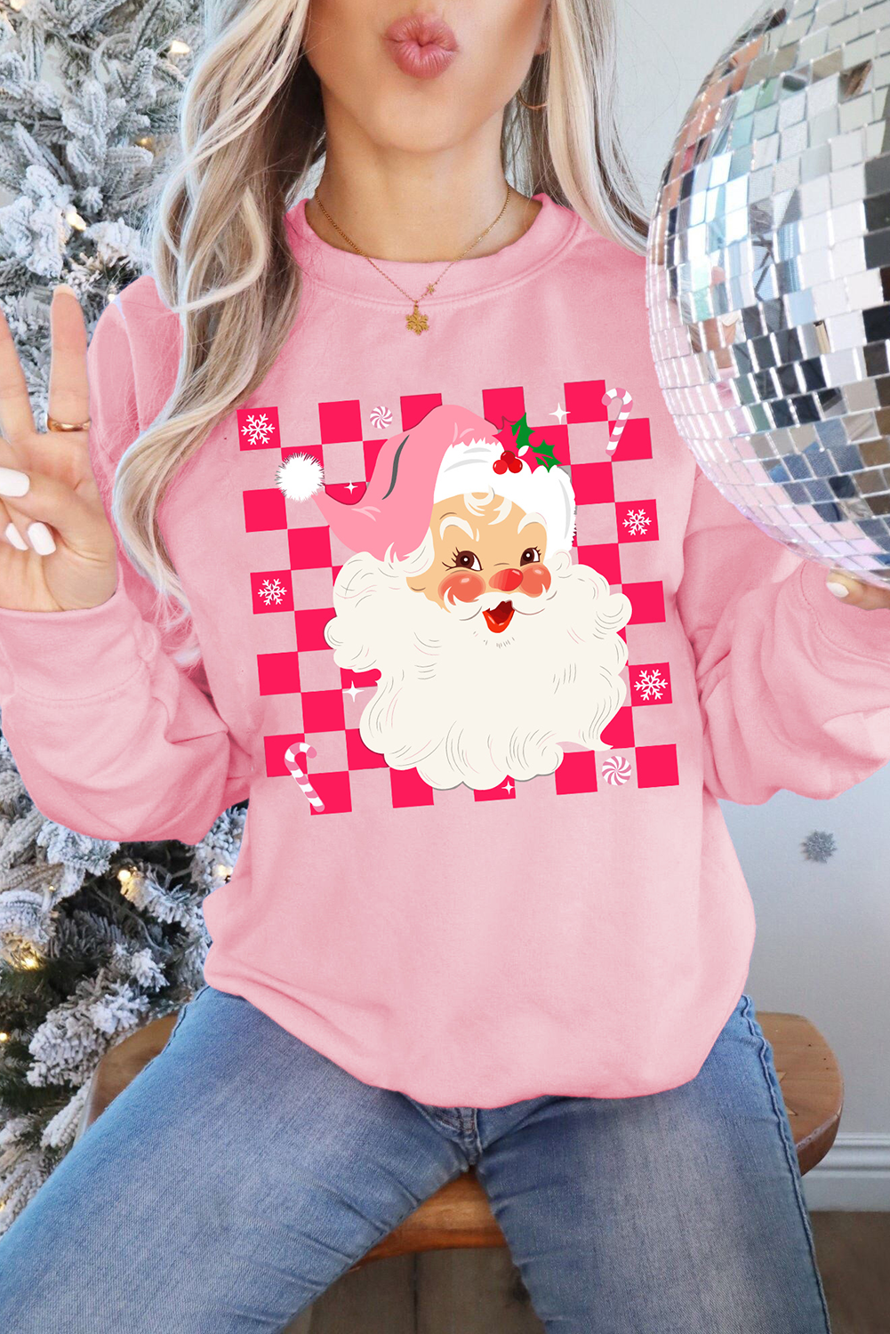 Pink Fancy Checkered Father Christmas Graphic Sweatshirt