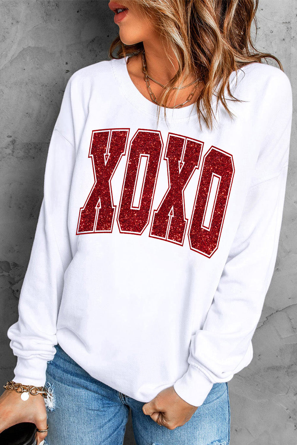 White Glitter XOXO Graphic Crewneck Valentines Pullover Sweatshirt