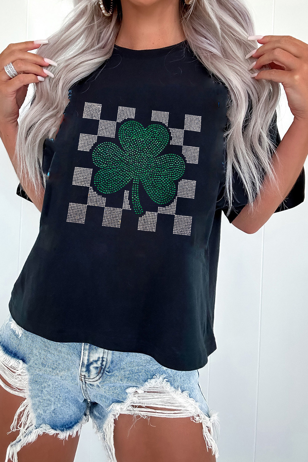 Black Clover Checkered Rhinestone Crew Neck T Shirt