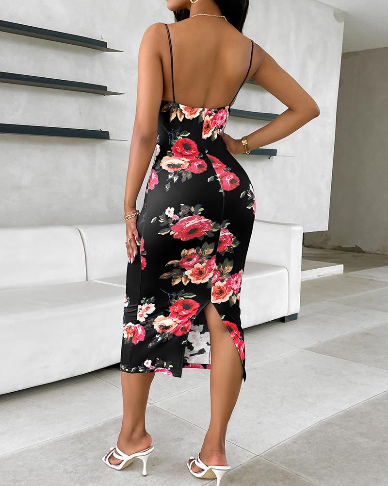 Lace Trim Spaghetti Strap Floral Print Dress