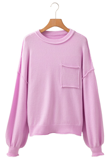 Pink Raw Edge Ribbed Detail Drop Shoulder Sweater