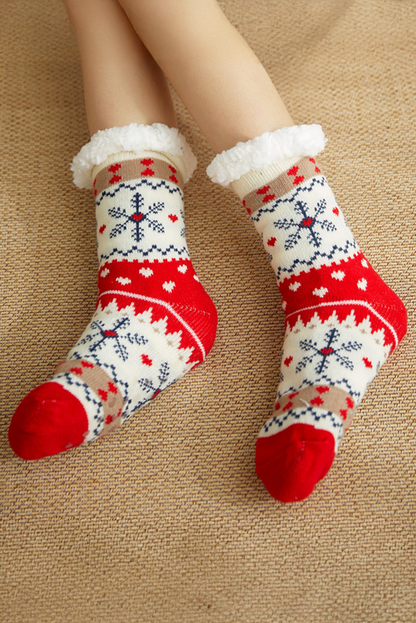 Fiery Red Christmas Pattern Plush Lined Winter Socks