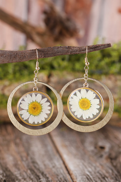 Gold Daisy Disc Dangle Hook Earrings