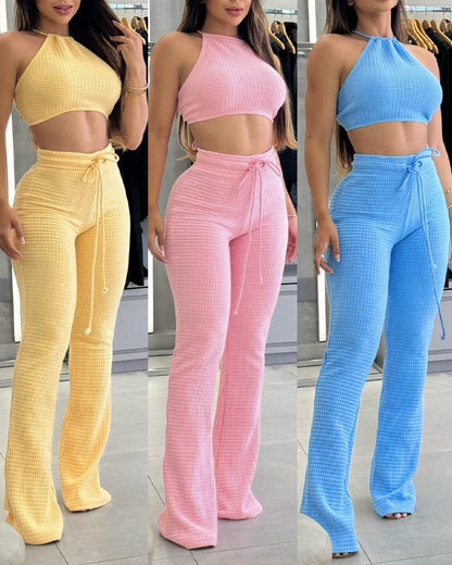 2 Piece Waffle Knit Halter Backless Crop Top High Waisted Drawstring Wide Leg Casual Pants Set