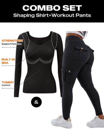 2 Pieces Outfits V Neck Long Sleeve Slim Fit Top and Pocket Design Jogger Legging Pants Workout Sets