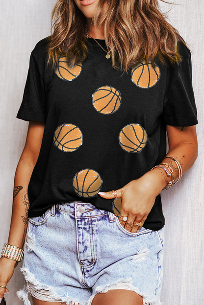 Black Sequin Basketball Graphic Crewneck Game Day T Shirt