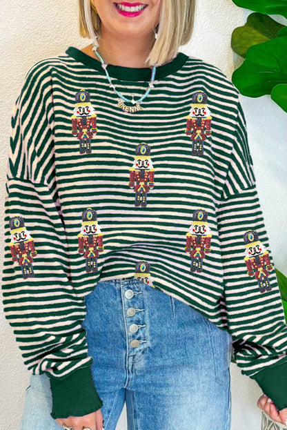 Green Stripe Nutcracker Doll Patched Drop Shoulder Long Sleeve Top