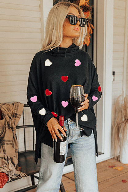 Black Valentines Chenille Heart Patched Dolman Sleeve High Neck Split Top