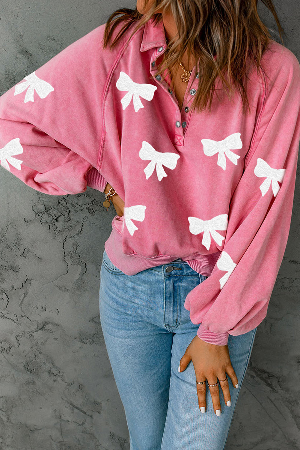 Pink Bow Pattern Snap Buttons Collared Pullover Sweatshirt