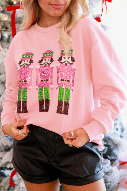 Pink Christmas Nutcracker Patched Pattern Drop Shoulder Sweatshirt