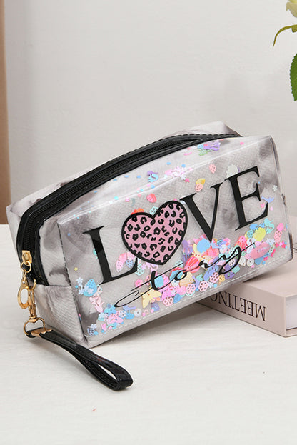 Black LOVE Leopard Heart Print Zipper PVC Makeup Bag