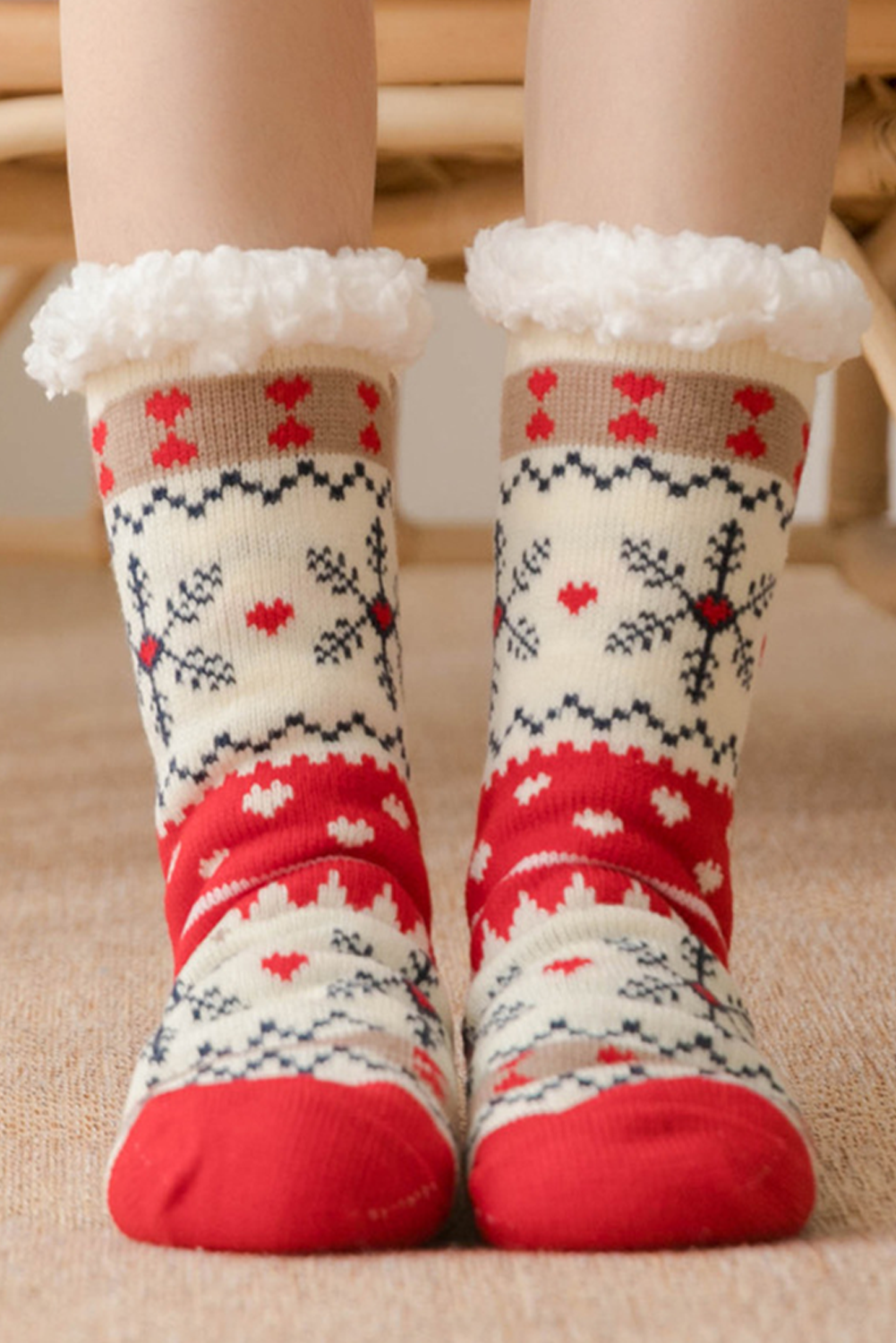 Fiery Red Christmas Pattern Plush Lined Winter Socks