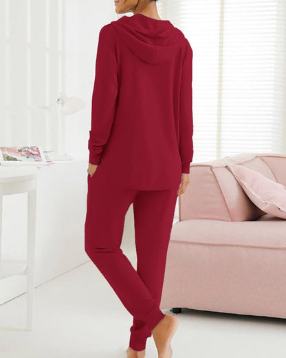 2 Piece Open Front Long Sleeve Hooded Top Drawstring Cuffed Pants Lounge Outfit Tracksuit Set