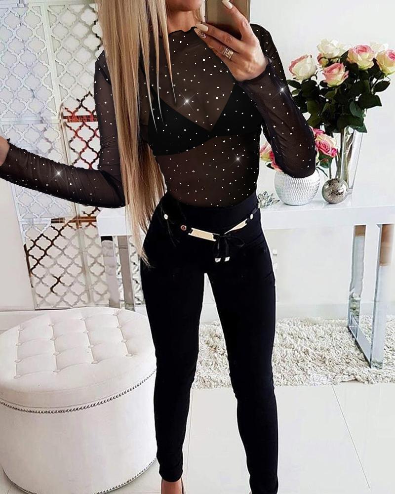 Rhinestone Transparent Sheer Mesh Round Neck Frill Hem Long Sleeve Tee Sexy Top