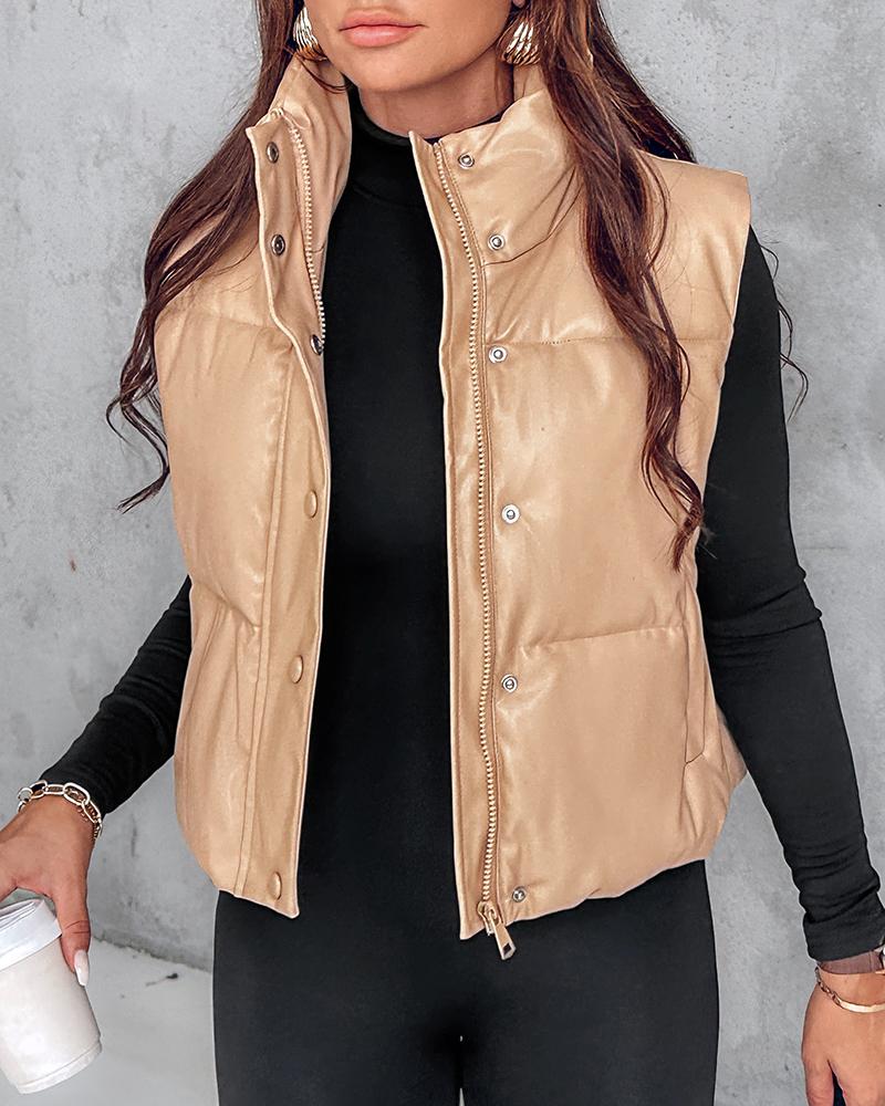 PU Leather Stand Collar Zip Up Pocket Design Vest Puffer Coat