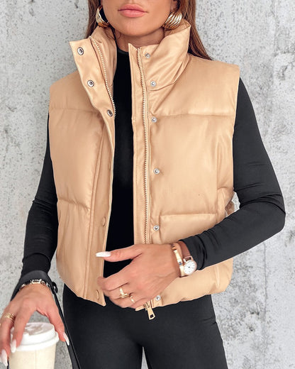 PU Leather Stand Collar Zip Up Pocket Design Vest Puffer Coat