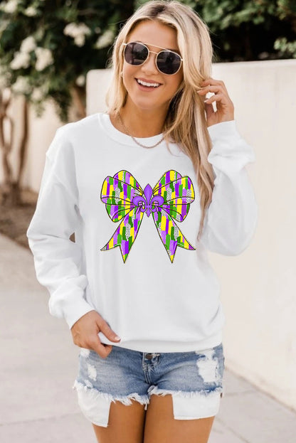 White Mardi Gras Bowknot Graphic Pullover Sweatshirt